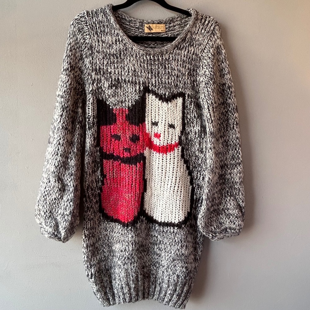 Katsumi Womens Cat Graphic Chunky Knit Sweater Grey Marled‎ M/L